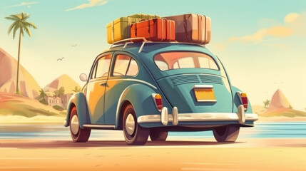 Car with luggage ready for summer holidays. Created with Generative AI technology.