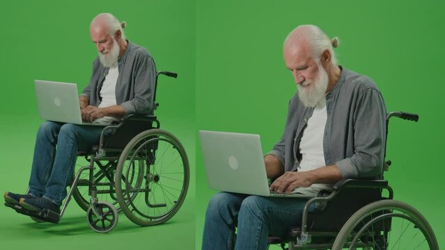 2-in-1 Split Green Screen Montage.An Old Man in a Wheelchair Works on a Laptop.An Elderly Man Browsing on the Internet Using a Laptop,Shows Thumbs Up.Assistive Technology for People in Wheelchairs.