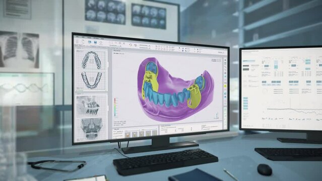 Dentistry program manufacturing teeth substitutions for medical treatment. Dentistry system creating the projections of teeth treatments. Producing teeth replacements for dentistry treatment.