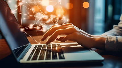 Close-up photo of male hands with laptop. Man working remotely at home. Concept of networking or remote work. Global business.