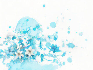 AIで生成した白い花と青い泡のイメージイラスト　ジェネレーティブ Generative AI