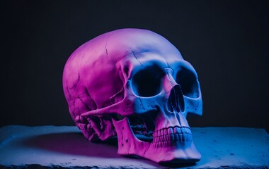 Pink and blue skull Skull on a dark background. Skull on a rock with dark background. Generative Ai