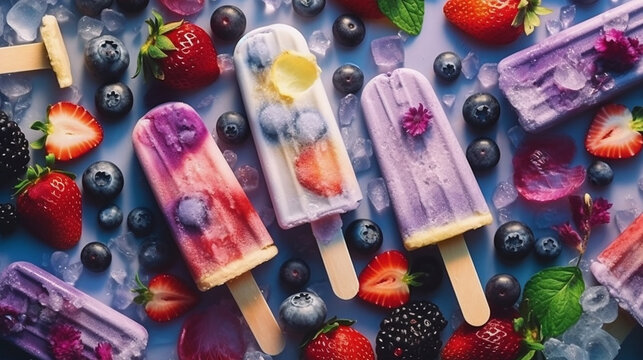Ice cream popsicles with fruit, berries and ice, top view, flat lay. Summer dessert, frozen fruit juice