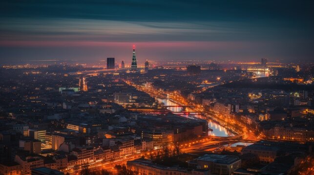 Panoramic skyline and modern commercial buildings with empty asphalt road. AI Generative. © Mix and Match Studio