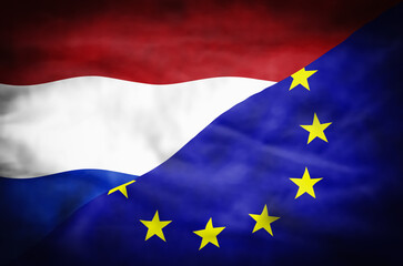 Netherlands and European Union mixed flag. Wavy flag of Netherlands and European Union fills the frame.