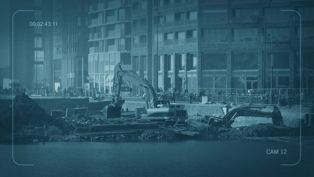 CCTV Excavators Working By Harbor In City