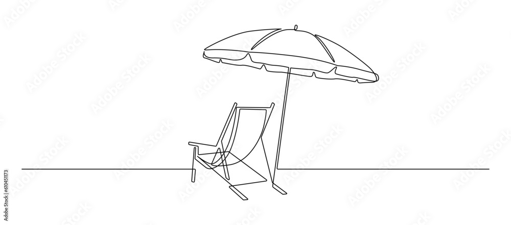 Poster beach umbrella and chair in one continuous line drawing. concept of holiday summer and vacation in p
