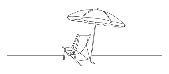 Beach umbrella and chair in one continuous line drawing. Concept of holiday summer and vacation in paradise landscape and seaside in simple linear style. Editable stroke. Doodle vector illustration