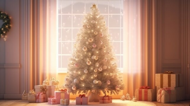 Christmas tree in the children's room. Decorated festive tree in a bright interior. Generative AI