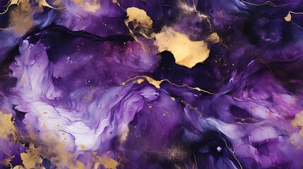 Alcohol ink artistic abstract background in gold and purple. Created using generative ai.