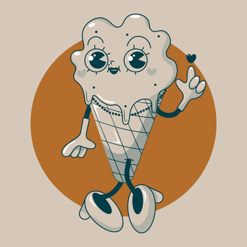Ice cream groovy character 70s retro style illustration.Print mascot for branding or sticker, poster.Vector illustration	