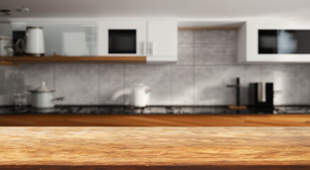 beautiful defocused kitchen with a new bar wood table