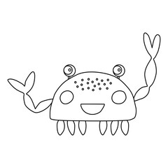 Cute cartoon style crab character smiling and waving claw, vector outline for coloring book