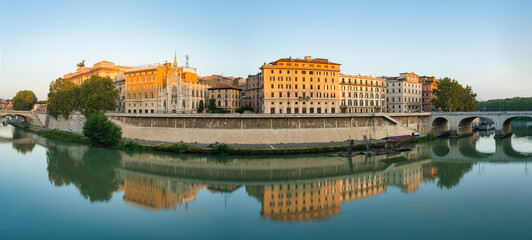 Tiber river canal panorama with Church of the Sacred Heart of Jesus  in Rome, Italy