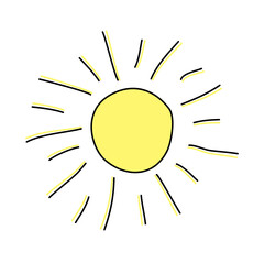 Simple sun icon isolated on white background. Cartoon shine sun ray, doodle style vector