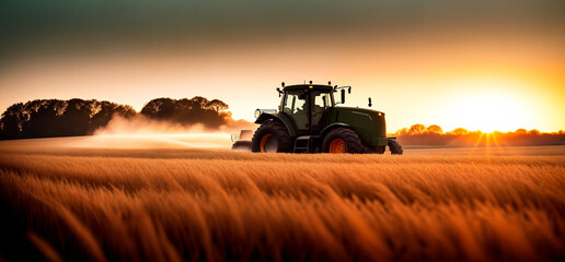 Fototapeta premium A combine harvester or agricultural tractor is processing or harvesting wheat in a field in the afternoon at sunset. Copy space for advertising text. Generative AI.