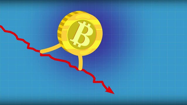 Bitcoin rate still goes down seamless loop big flat version. Walking down coin. Bitcoin character falling down fast. Funny business cartoon.
