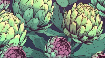 Fototapeta premium Fresh Organic Artichoke Vegetable Cartoon Horizontal Background Illustration. Healthy Vegetarian Diet. Ai Generated drawing Background Illustration with Delicious Juicy Artichoke Generative AI