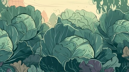 Fresh Organic Cabbage Vegetable Cartoon Horizontal Background Illustration. Healthy Vegetarian Diet. Ai Generated drawing Background Illustration with Delicious Juicy Cabbage Vegetable. Generative AI