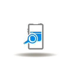 Vector illustration of smartphone with magnifier and web page. Icon of CMS Content Management System. Symbol of mobile web search.