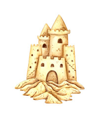 Watercolor illustration of a sand castle. A sign of fun, joy, childhood, relaxation. Tropical marine clipart. Sandy surface for creating compositions for decorating souvenirs, postcards, posters, 