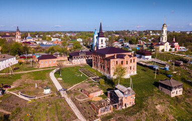 Fototapeta na wymiar Picturesque spring landscape of Russian town of Belyov with Orthodox temples and monasteries, Tula Oblast