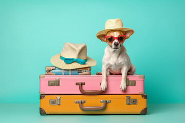 Adorable Dog Wearing Sun Hat Sitting in front of bright Pastel Background. Generative ai - 610457318