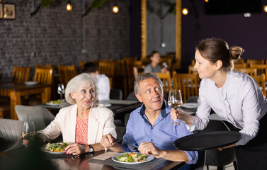 Elderly spouses sitting next to each other in cozy cafe, drinking wine and eating light salad snack. Waitress girl restaurateur serves customers plate with dinner order