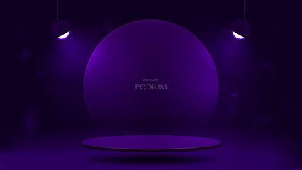 An empty podium with a glass circle with glowing lamps on a dark purple background. A platform in the minimal style.