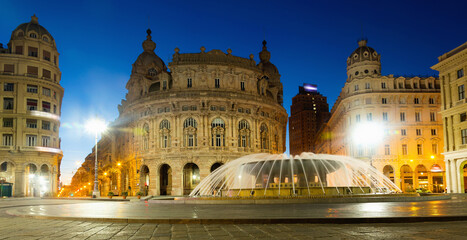Obraz premium Evening view of Piazza de Ferrari, main square of Genoa, Italy