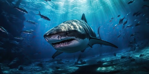 Fototapeta premium AI Generated. AI Generative. Photo illustration of dangerous unawer water shark black fish. Diving adventures. Graphic Art