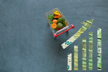 Rising food prices.Food prices in Europe.Decorative vegetables and fruits and euro bills up arrows...