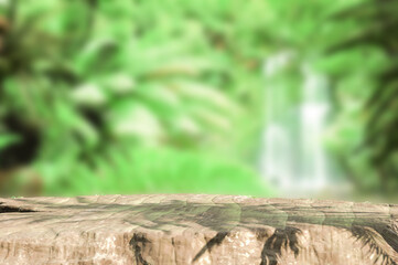 Defocused jungle background with wooden log podium with copy space for product display, advertisement etc. Eco backgrounds and textures. 3d render.