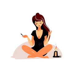 woman sitting on bed