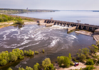 Fototapeta Aerial view of concrete dam on water reservoir near Voronezh, Russia obraz