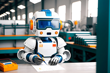 Realistic 3d robot engineer works at the factory. Against the backdrop of a factory workshop. Idea of bot or robotic workforce  assistant in everyday life. Ai generated illustration.