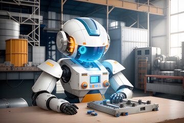 Realistic 3d robot engineer works at the factory. Against the backdrop of a factory workshop. Idea of bot or robotic workforce  assistant in everyday life. Ai generated illustration.