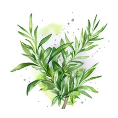 Aromatic Tarragon Herbs Watercolor Square Background. Healthy Vegetarian Diet. Ai Generated, Drawn With Paint Splashes On White Background Delicious Aromatic Tarragon Herbs. Generative AI