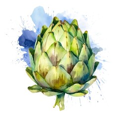 Fototapeta premium Fresh Organic Artichoke Vegetable Watercolor Square Background. Healthy Vegetarian Diet. Ai Generated, Drawn With Paint Splashes On White Background Delicious Juicy Artichoke Vegetable. Generative AI