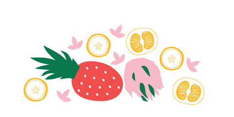 Appetizing fruit and berries collection. Decorative abstract horizontal banner with colorful doodles. Hand-drawn modern illustrations with fruit and berries, abstract elements. Abstract series