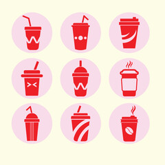 set of red and white cups. Solid color drink & drink vector icon. Various kinds of drinking cups. The color areas are merged and clipped outside the shape object. 