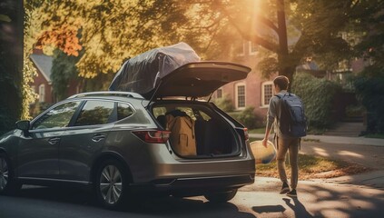 A student carefully loading their campus belongings into the car trunk