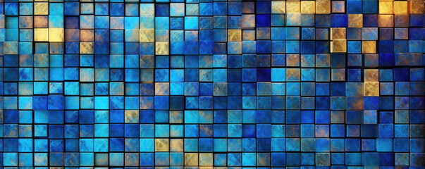Dark blue and gold cube or tile mosaic abstract background. Gold and blue cubes randomly arranged in a grid. hand edited generative AI.  - obrazy, fototapety, plakaty