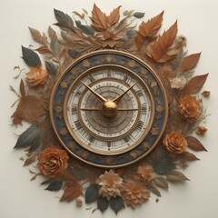 Fototapeta na wymiar Vintage clock with autumn leaves and flowers on a white background. generative ai