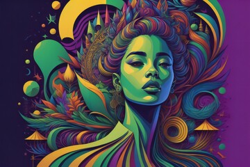 Fototapeta na wymiar Beautiful woman face and abstract colorful background. Psychedelic vector illustration. generative ai