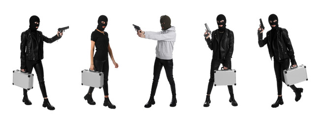 Collage with photos of woman in balaclavas on white background