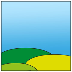 Obraz premium fields landscape with a dawn, green hills, bright color blue sky, background in flat cartoon style. Vector illustration. Stock image.