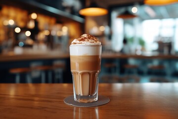 a glass glass of latte macchiato coffee on a table in a cafe. AI generated