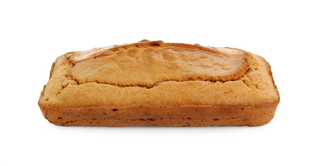 Delicious homemade yogurt cake on white background