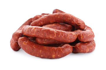 Many fresh raw sausages isolated on white. Meat product